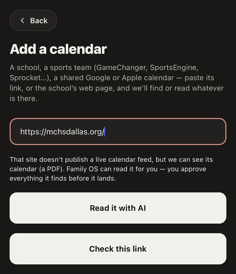 Add a calendar in Family OS: a school web page pasted in, with 'Read it with AI' offered because the site only publishes a PDF calendar