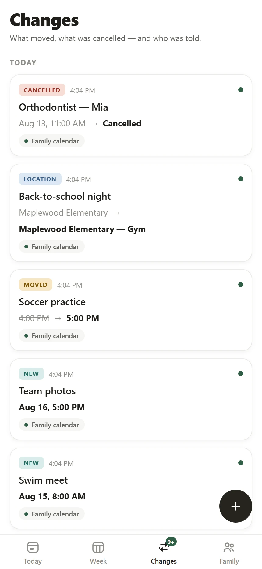 The Changes feed — a moved practice showing 4:00 PM struck through and 5:00 PM in bold, with its source