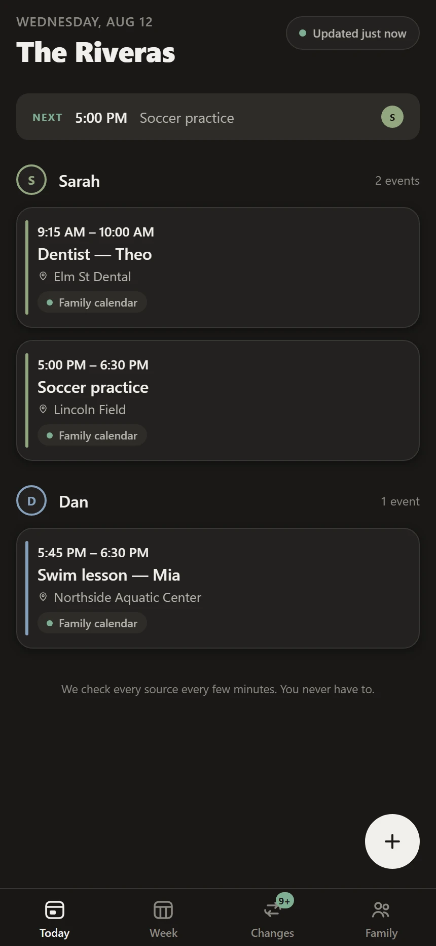 Family OS Today — each family member gets their own lane, with the next event pinned at the top
