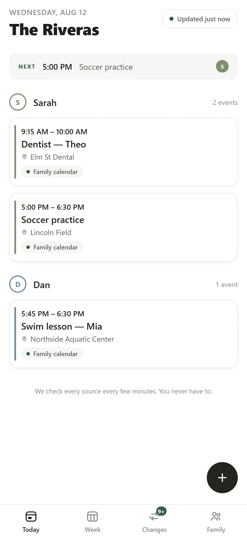 Family OS Today — each family member gets their own lane, with the next event pinned at the top