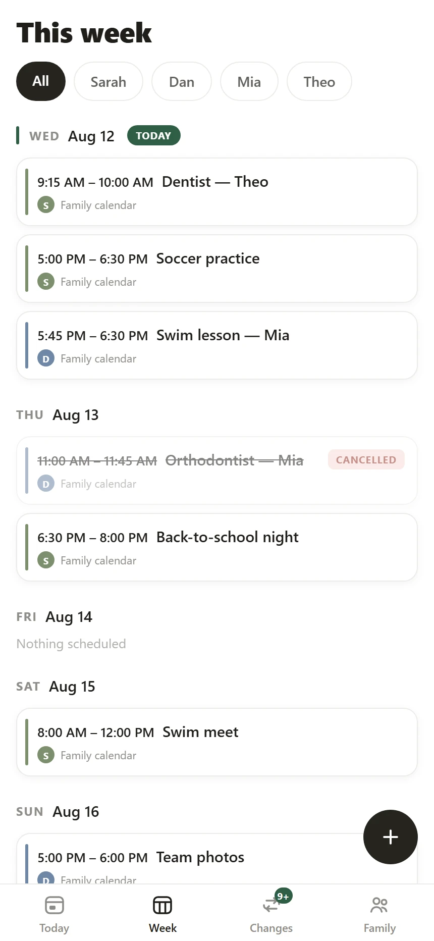 Week view — a filter chip per family member, seven days as one scroll, and a cancelled orthodontist appointment still visible with a strikethrough